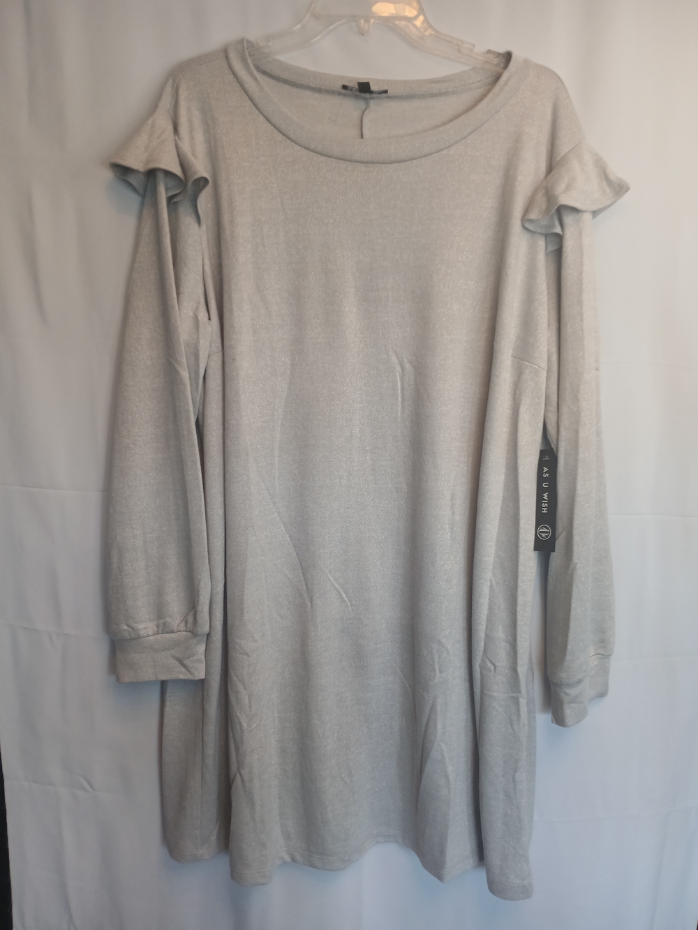 As U Wish Heather Gray Knit Ruffle Shoulder Long Sleeve Dress 3X New!
